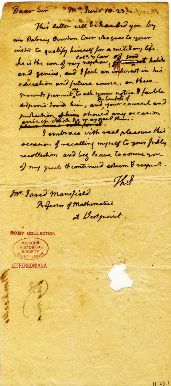 Brev fra Thomas Jefferson (kun initialer), Monticello, til Jared Mansfield, professor i matematik ved West Point, 10. juni 1823 af Thomas Jefferson