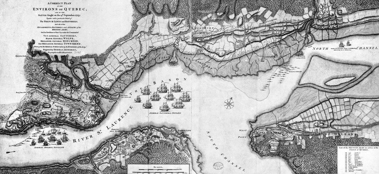 En korrekt plan over området omkring Quebec og slaget udkæmpet den 13. september, 1759 af Thomas Jefferys