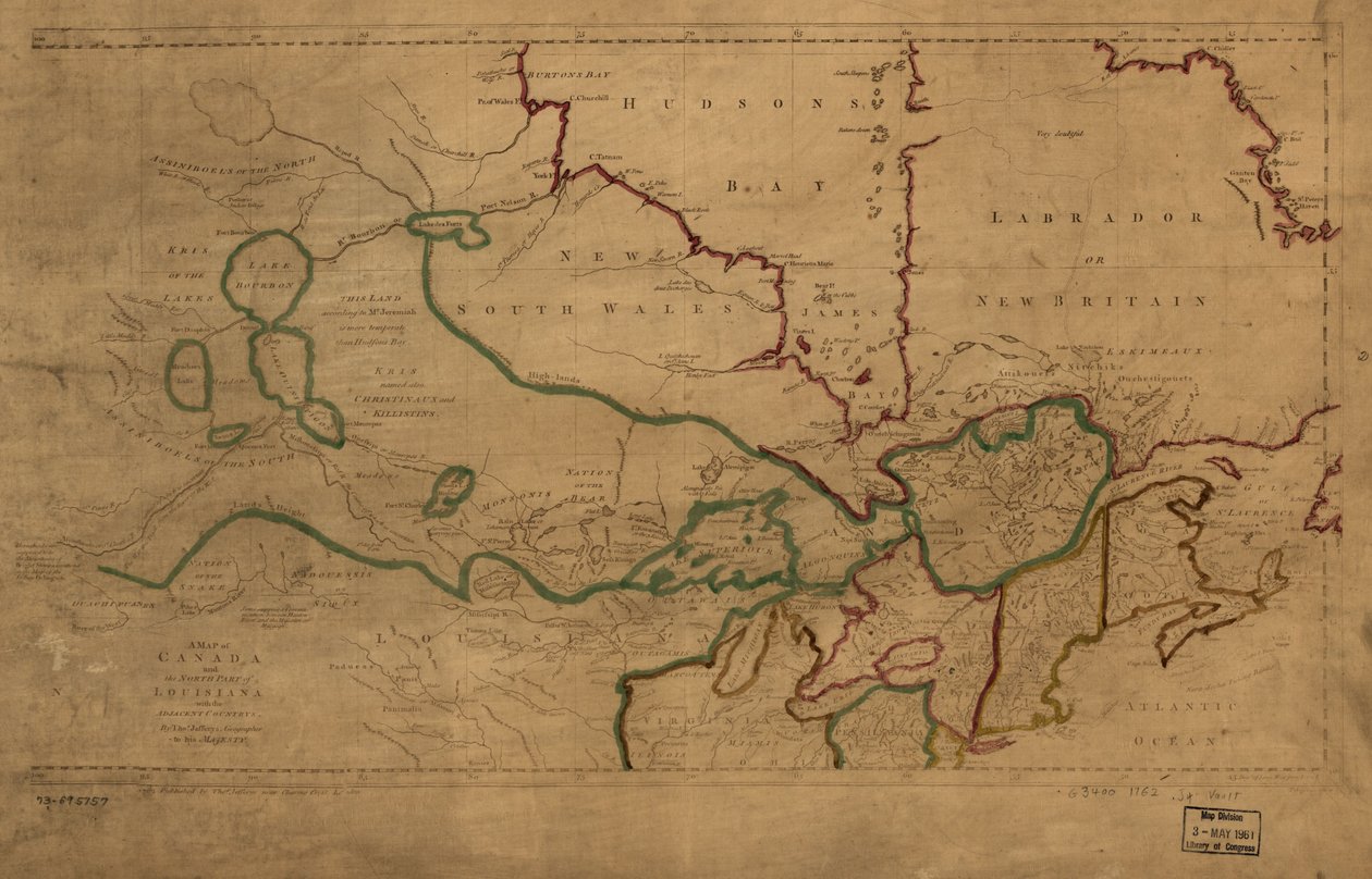 Et kort over Canada og den nordlige del af Louisiana med de tilstødende lande. LOC 73695757 af Thomas Jefferys