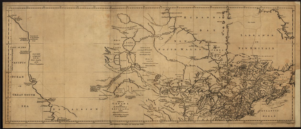Et kort over Canada og den nordlige del af Louisiana med de tilstødende lande. LOC 73695758 af Thomas Jefferys