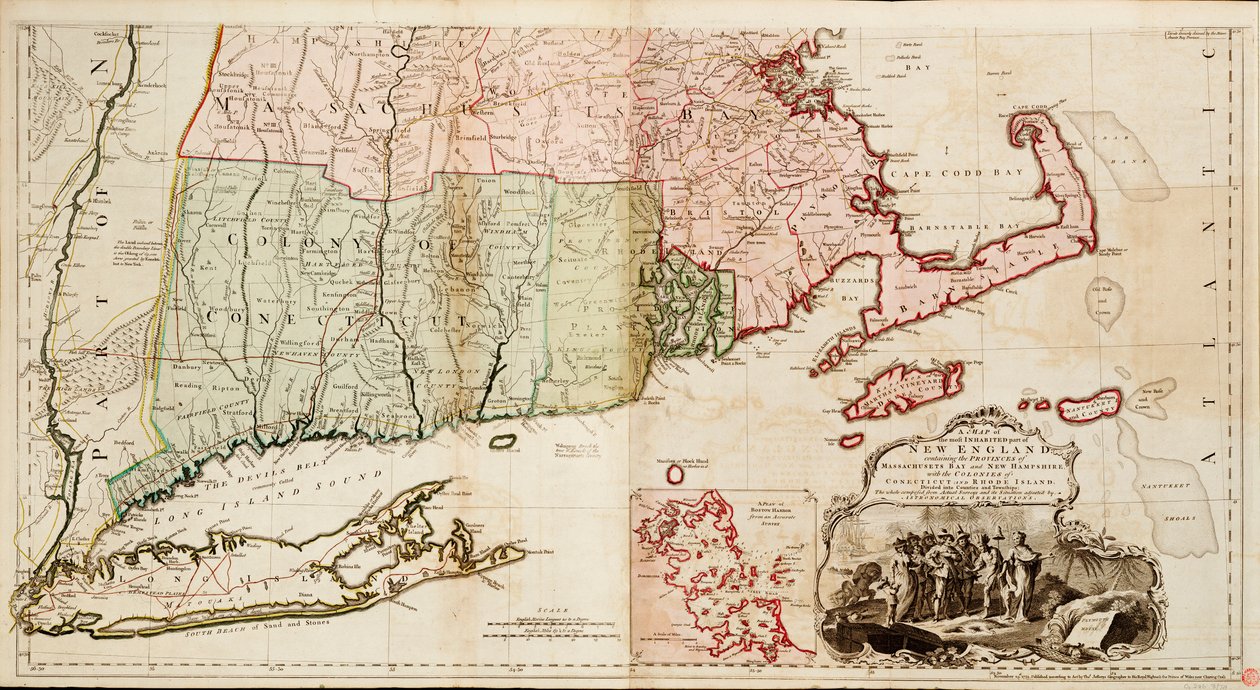Et kort over den mest beboede del af New England, der indeholder provinserne Massachusetts Bay og New Hampshire med kolonierne Connecticut og Rhode Island. af Thomas Jefferys