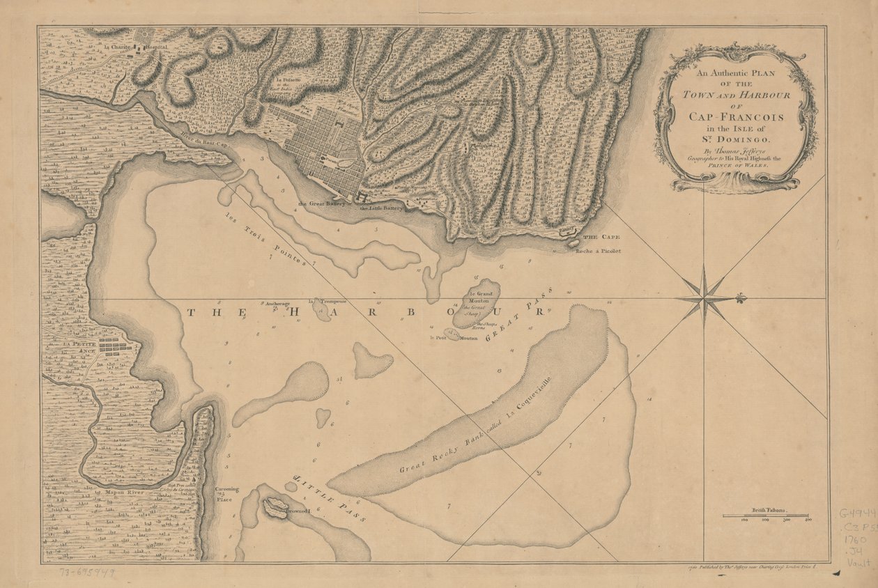 En autentisk plan over byen og havnen i Cap-François på øen St. Domingo. LOC 73695949 af Thomas Jefferys
