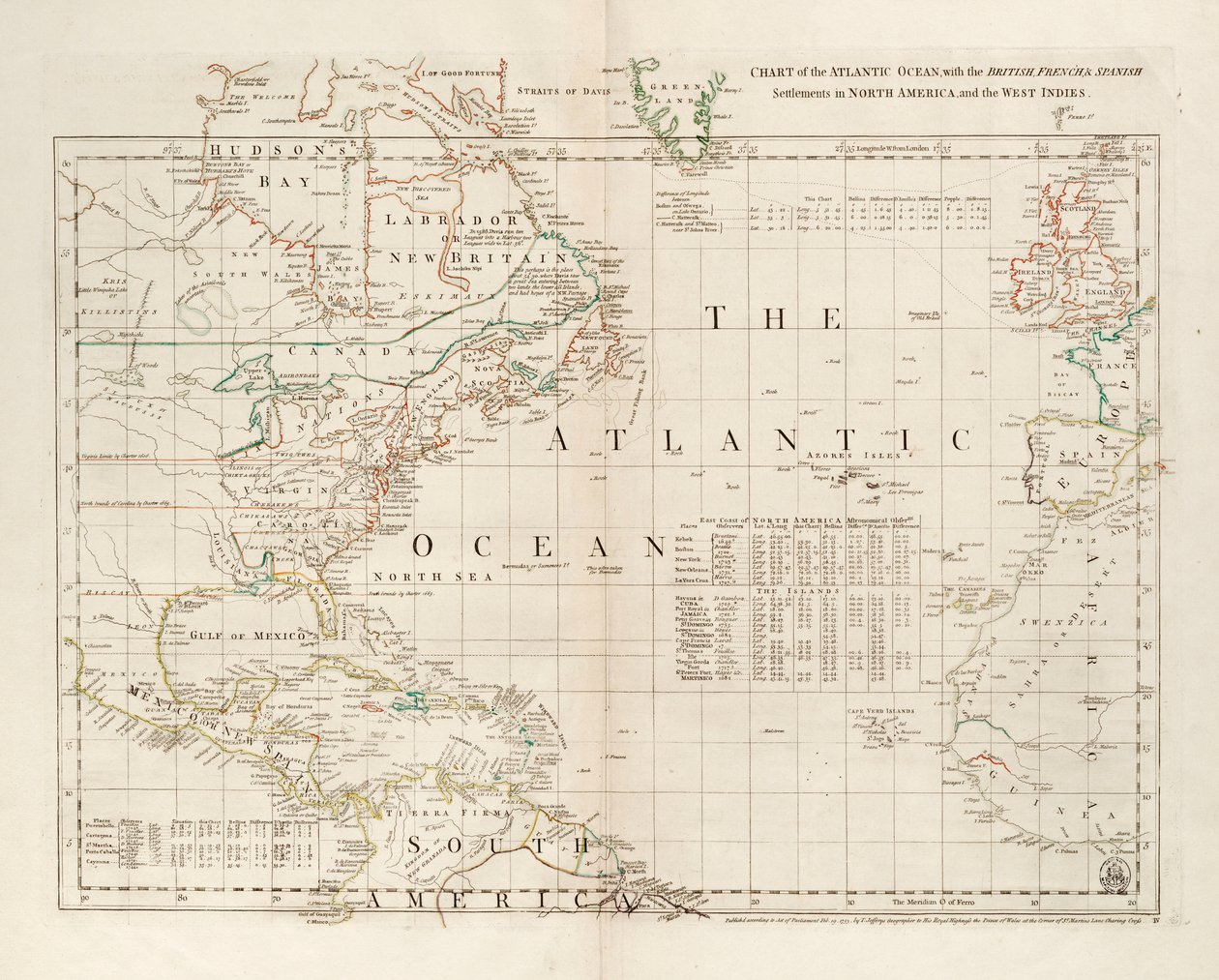 Kort over Atlanterhavet med de britiske, franske og spanske bosættelser i Nordamerika og Vestindien af Thomas Jefferys