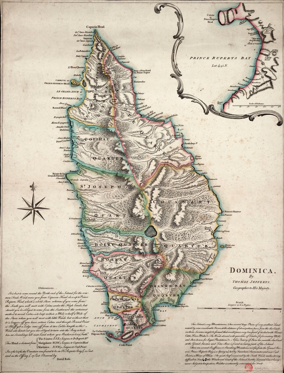 Farvekort over Dominica med detaljerede geografiske observationer, ca. 1760 (håndkoloreret kobberstik) af Thomas Jefferys