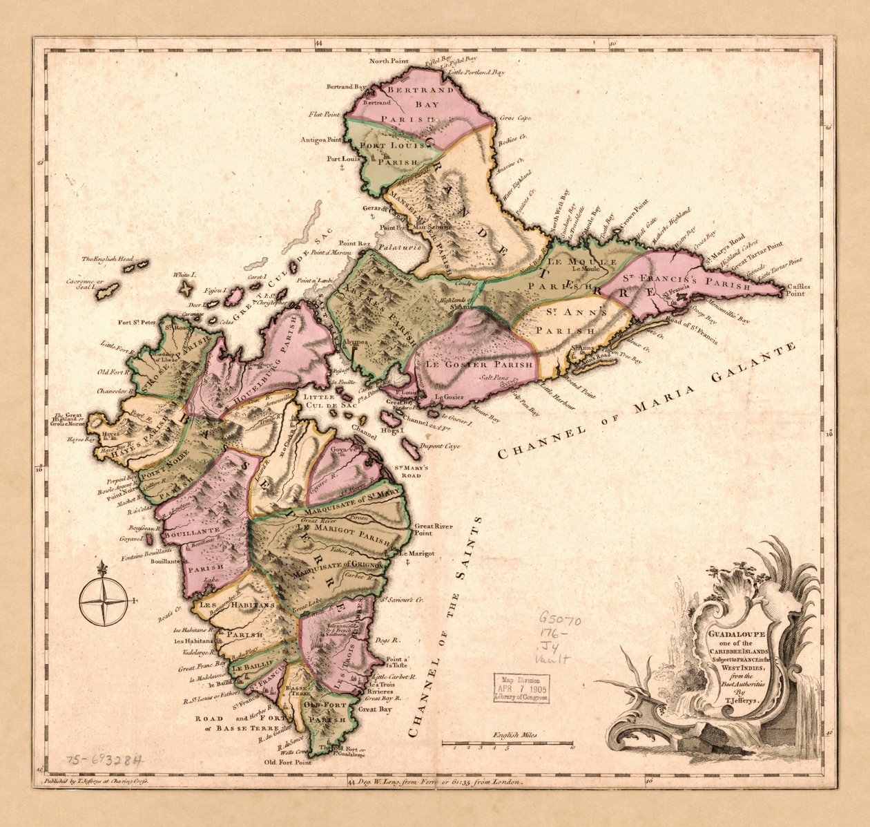 Guadaloupe er en af de caribiske øer, der er underlagt Frankrig i Vestindien, LOC 75693284 af Thomas Jefferys