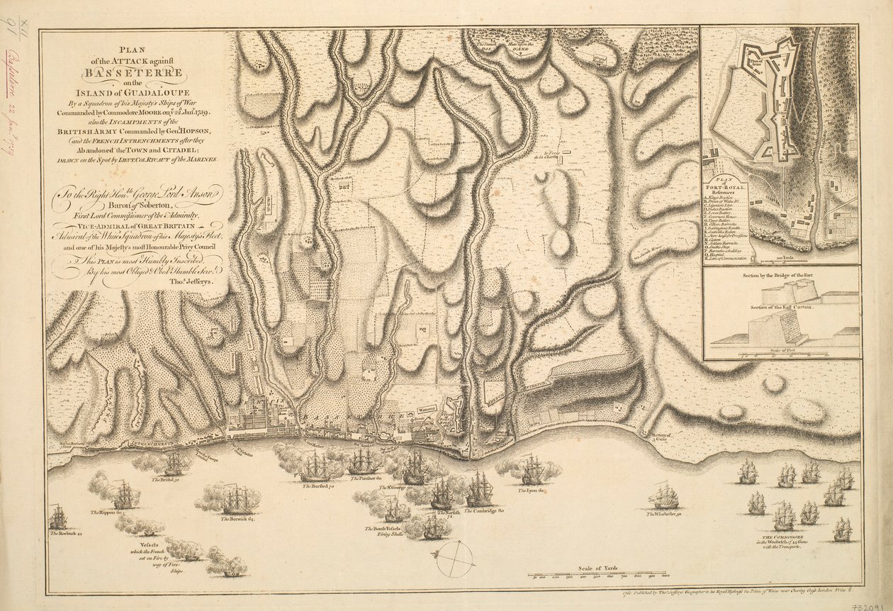 PLAN over angrebet på BASSETERRE på øen GUADALOUPE af en eskadre af hans majestæts krigsskibe under kommando af kommandør MOORE den 22. januar 1759. også den britiske hærs indtrængen under kommando af general HOPSON og den franske indtrængen. af Thomas Jefferys