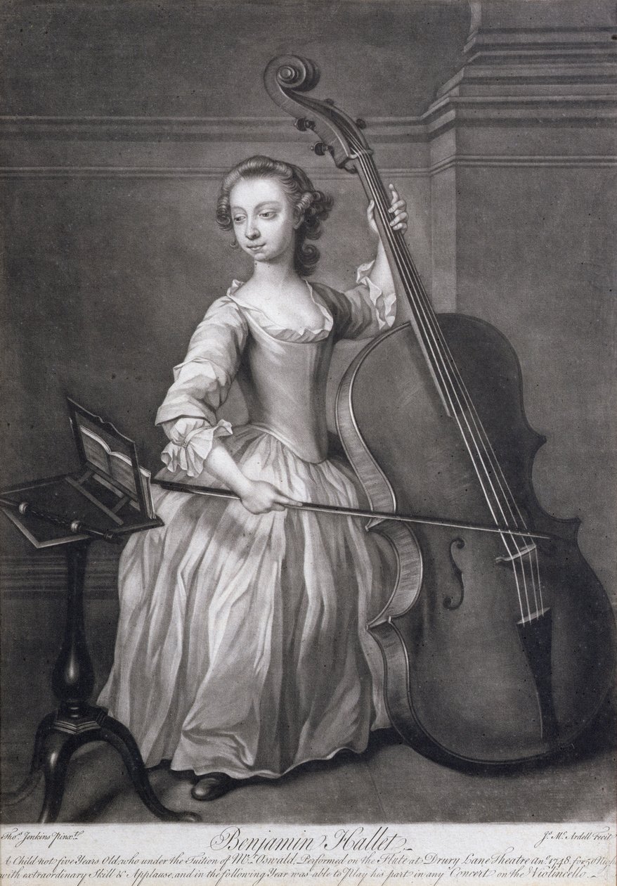 Portræt af Benjamin Hallet, der spiller på violincello, indgraveret af James McArdell (ca. 1729-65), ca. 1749 af Thomas Jenkins