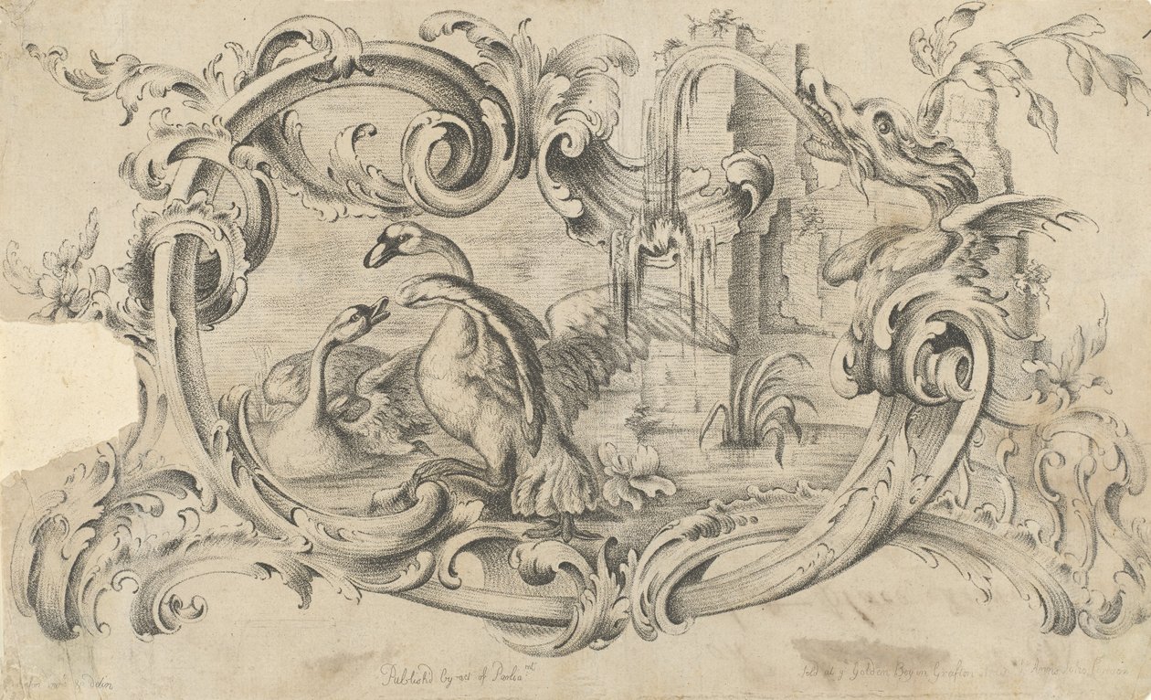 Design til en tablet til et skorstensstykke med to svaner i kamp, omsluttet af en rulle..., 1762. af Thomas Johnson