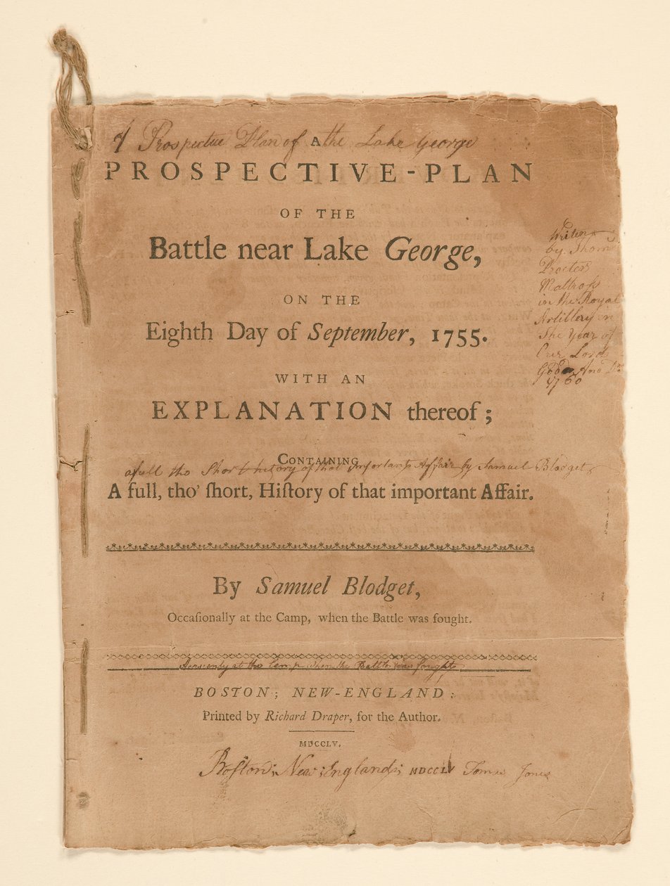 En projektiv plan for slaget udkæmpet nær Lake George. Tekst (del B) af Samuel Blodgett af Thomas Johnston