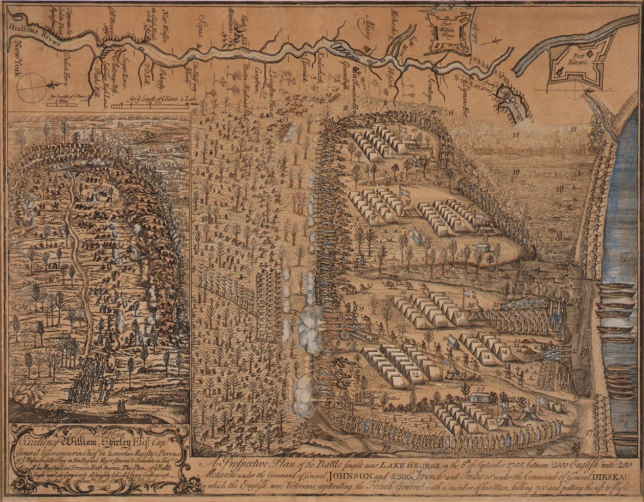 En prospektiv plan over slaget, der blev udkæmpet nær Lake George den 8. september 1755 af Thomas Johnston