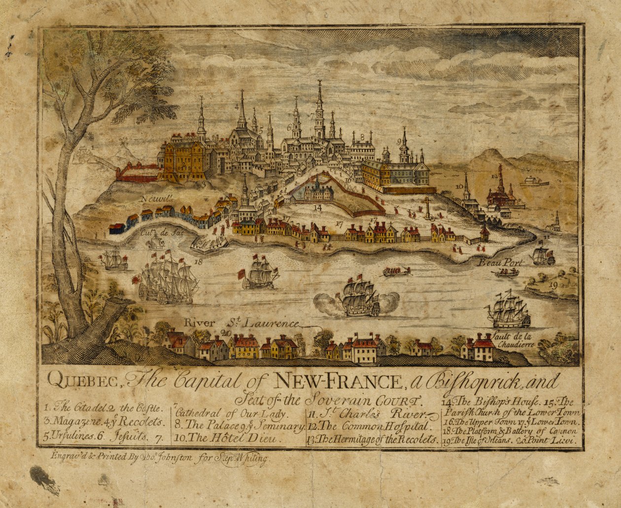 Quebec, hovedstaden i New France, en biskopsmand og sæde for Soverrain Court, 1759 (håndfarvet gravering) af Thomas Johnston