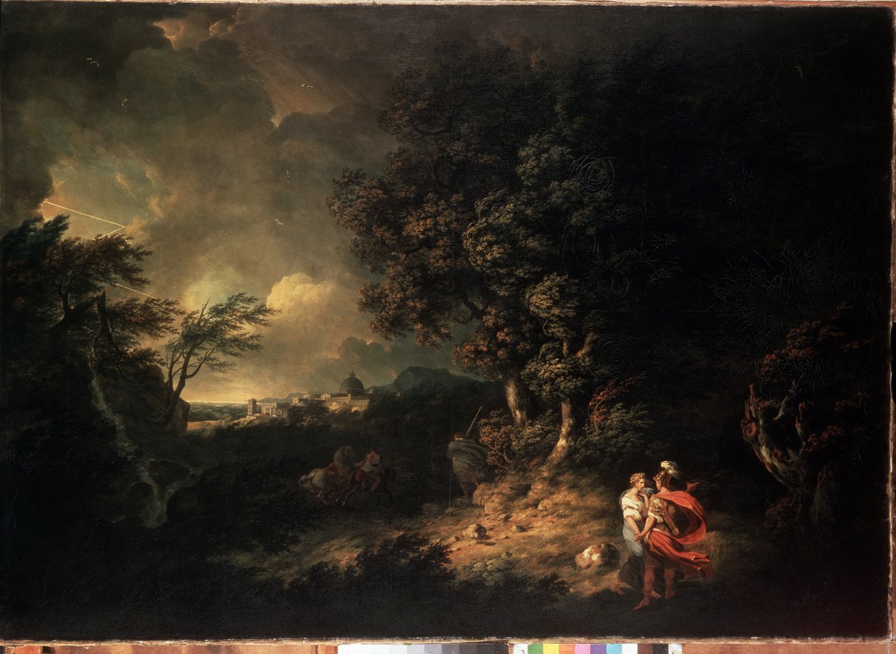 ""Stormlandskab med Æneas og Dido"" (Landskab med Æneas og Dido) Illustration fra Virgils Æneiden. Maleri af Thomas Jones (1742-1803) 1769 Dim. 137,5x193,5 cm Eremitagemuseet, Sankt Petersborg af Thomas Jones