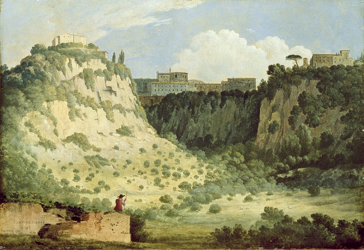 Udsigt over Dianatemplet, Nemi, med en hyrde i forgrunden, 1785 af Thomas Jones
