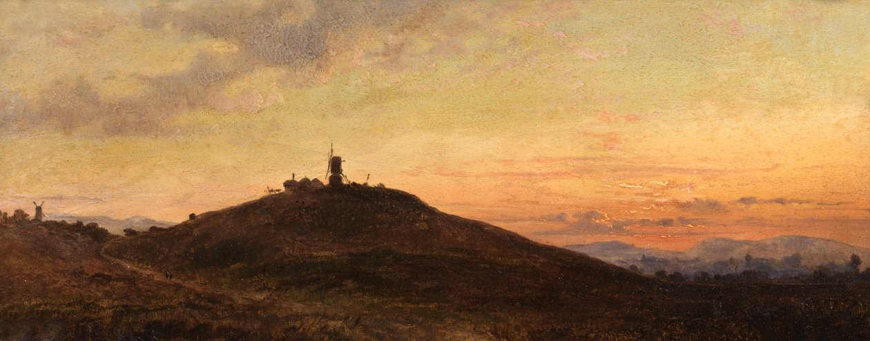 Vindmølle ved solnedgang (olie om bord) af Thomas Jr. Whittle