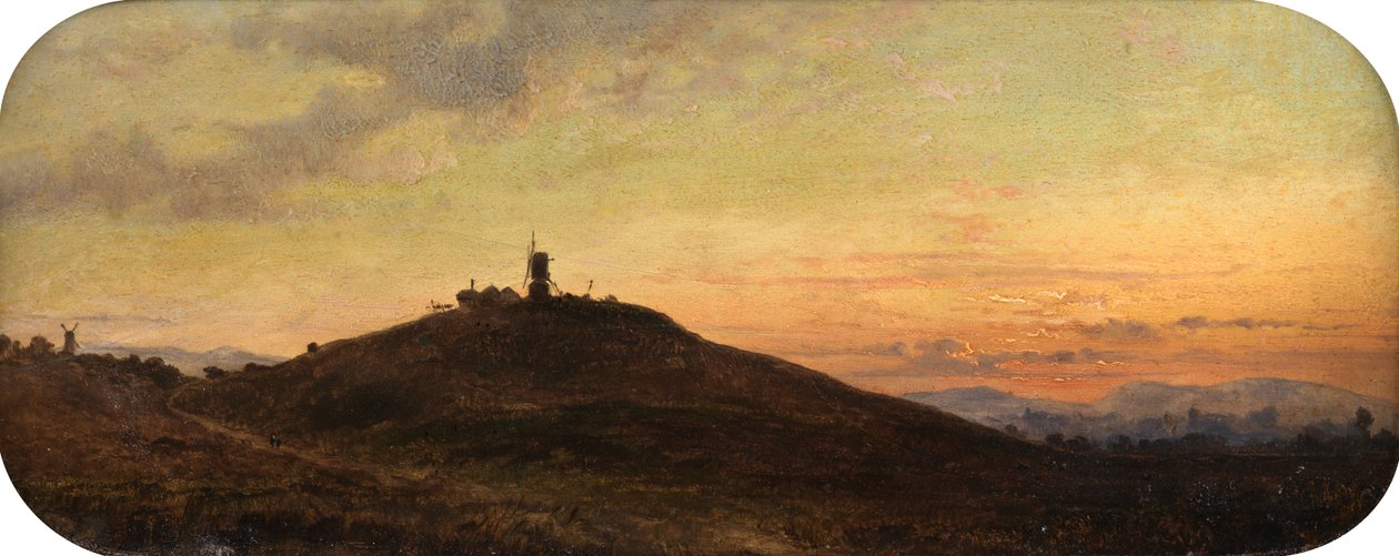 Vindmølle ved solnedgang (olie om bord) af Thomas Jr. Whittle