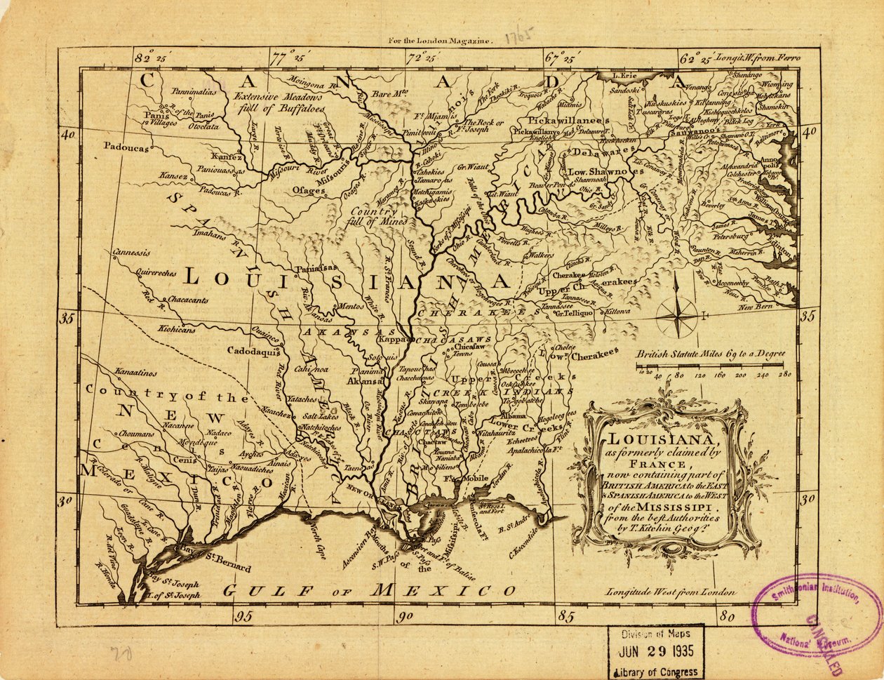 Louisiana, som Frankrig tidligere gjorde krav på, og som nu indeholder en del af Britisk Amerika mod øst og Spansk Amerika vest for Mississippi. LOC 77690498 af Thomas Kitchin
