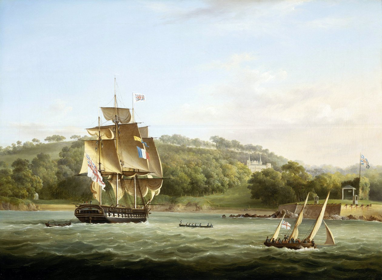 En kongelig fregat og andre skibe i Barn Bay ud for Plymouth, England, foran Mount Edgcumbe. Olie på lærred, ca. 1830-55, af Thomas Lyde Hornbrook (1808-1855). af Thomas L. Hornbrook
