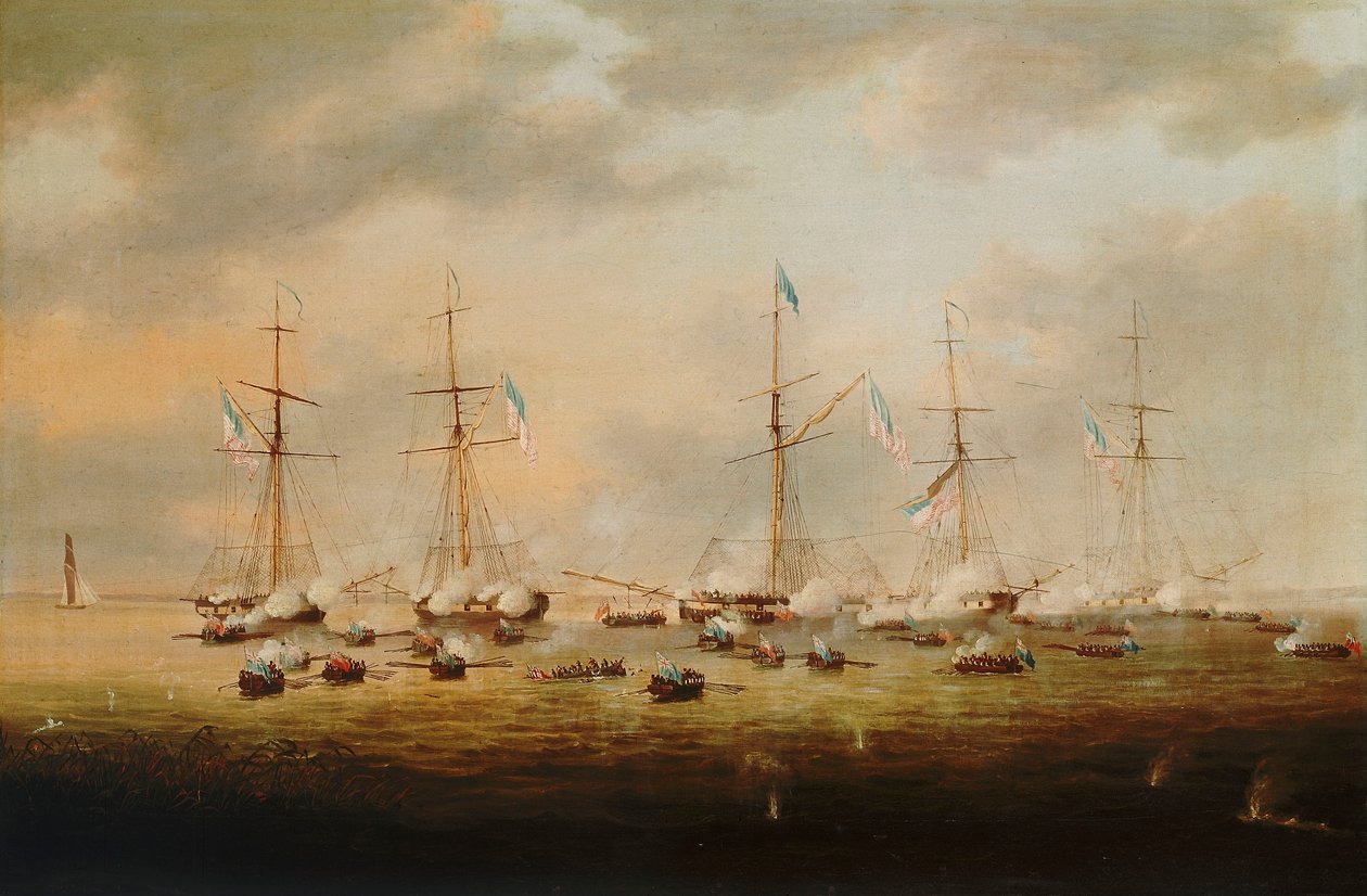 Britiske og amerikanske kanonbåde i aktion på Borgne-søen af Thomas L. Hornbrook