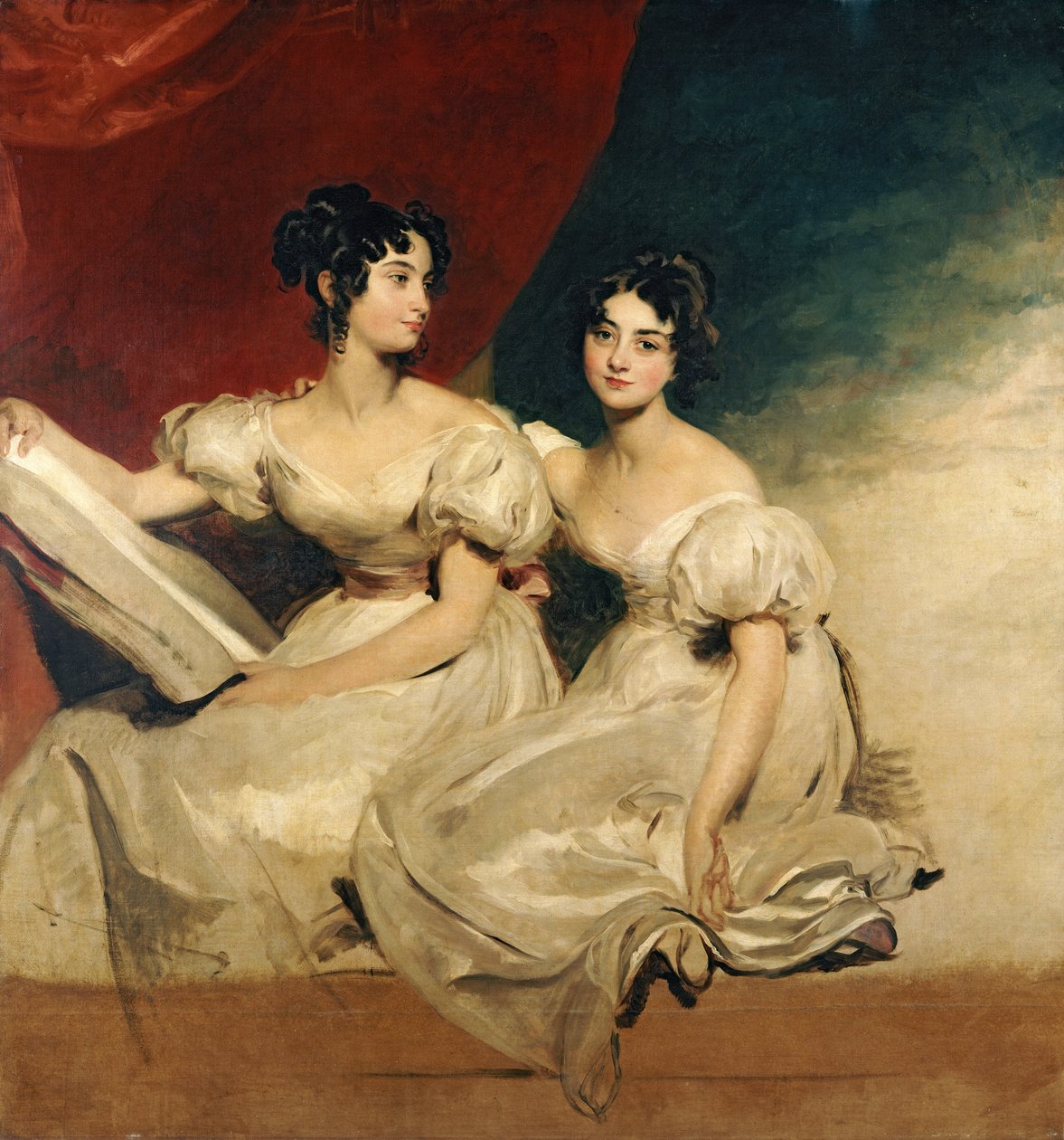 Et dobbeltportræt af søstrene Fullerton, siddende i fuld længde, i hvide kjoler, ca. 1825 af Thomas Lawrence