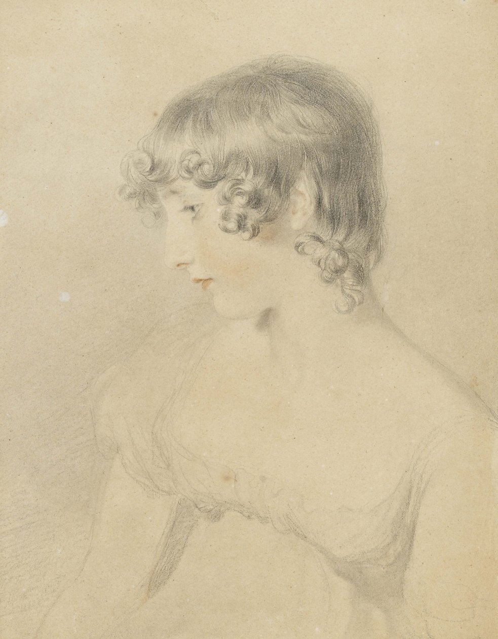 Busteportræt af Susan Bloxam, drejet i profil til venstre, 1818 (sort kridt, berørt med rødt kridt og let stødt på hvidt kort, misfarvet brun) af Thomas Lawrence