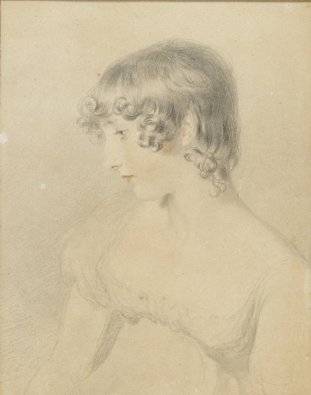 Busteportræt af Susan Bloxam, drejet i profil til venstre, 1818 (sort kridt, berørt med rødt kridt, let stødt på hvidt kort misfarvet brunt) af Thomas Lawrence