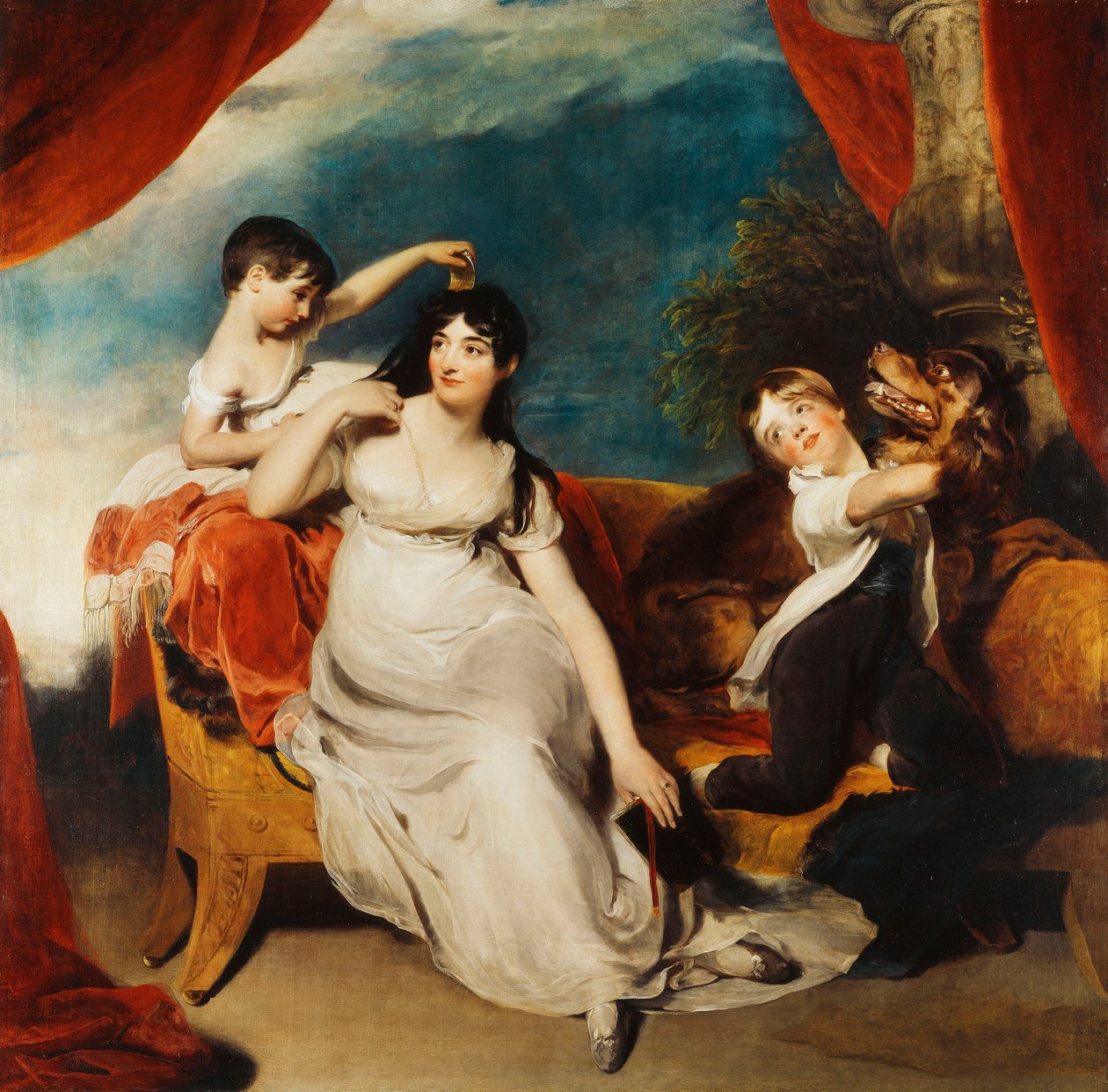 Gruppeportræt af fru Henry Baring og to af hendes børn og en stor hund, et landskab hinsides, ca. 1817-1824 af Thomas Lawrence