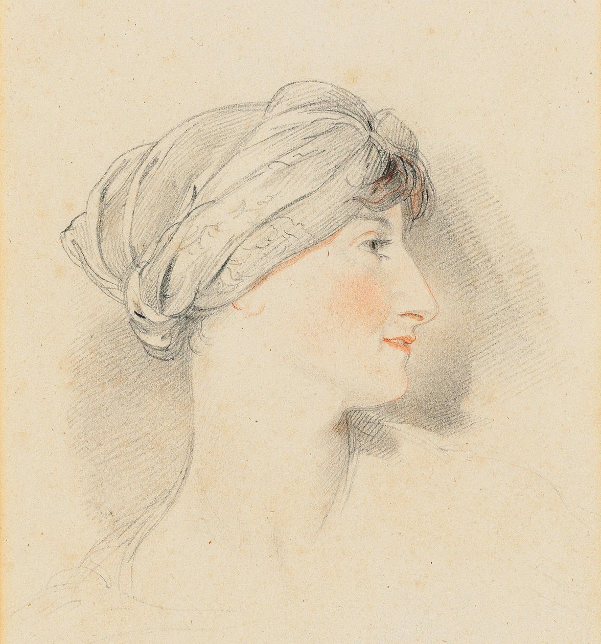 Portræthoved af fru Jens Wolff, i profil til højre, iført turban (blyant, sort og rødt kridt) af Thomas Lawrence