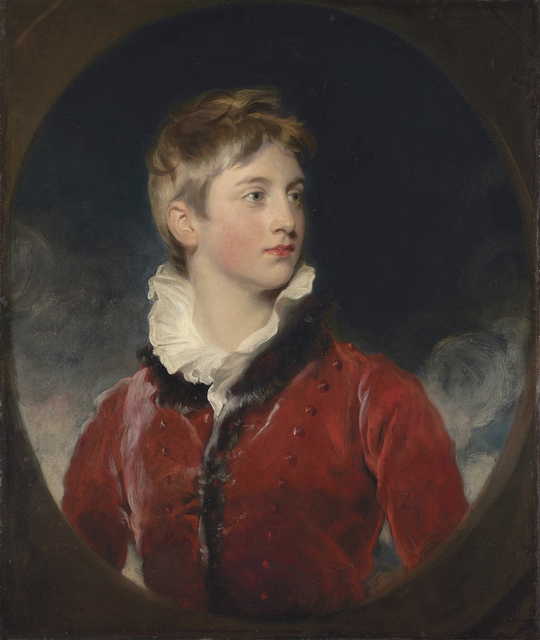 Portræt af Frederick William Stewart, 4. markis af Londonderry, K.P., M.P. (1805-1872), da en dreng, halvlang, i rød frakke, i en fingeret oval (olie på lærred) af Thomas Lawrence