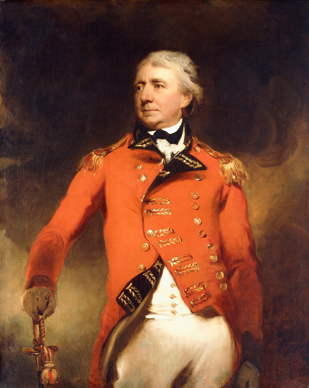 Portræt af general James Stuart stående i trekvart længde, iført en rød uniform med guldfrøer, af Thomas Lawrence