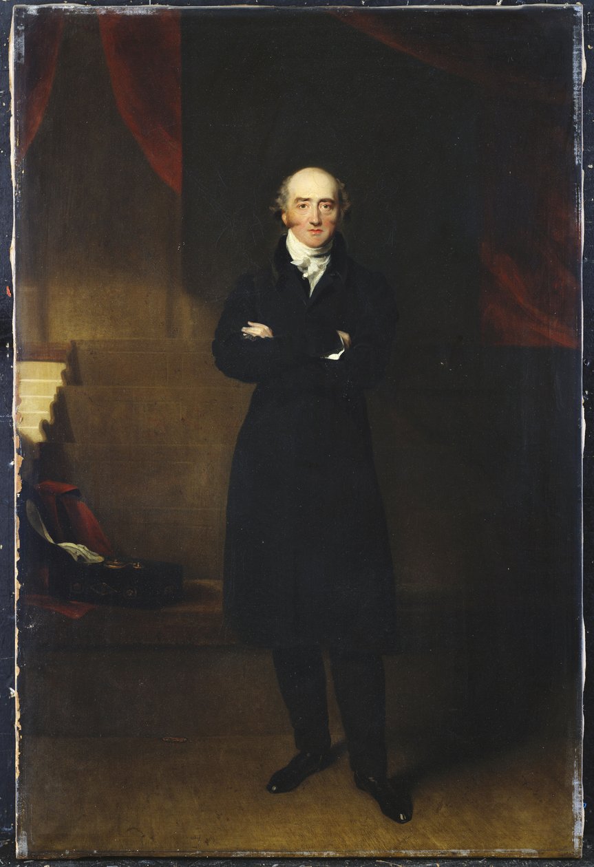 Portræt af George Canning, fuld længde, stående iført en sort frakke i et interiør, med foldede arme af Thomas Lawrence