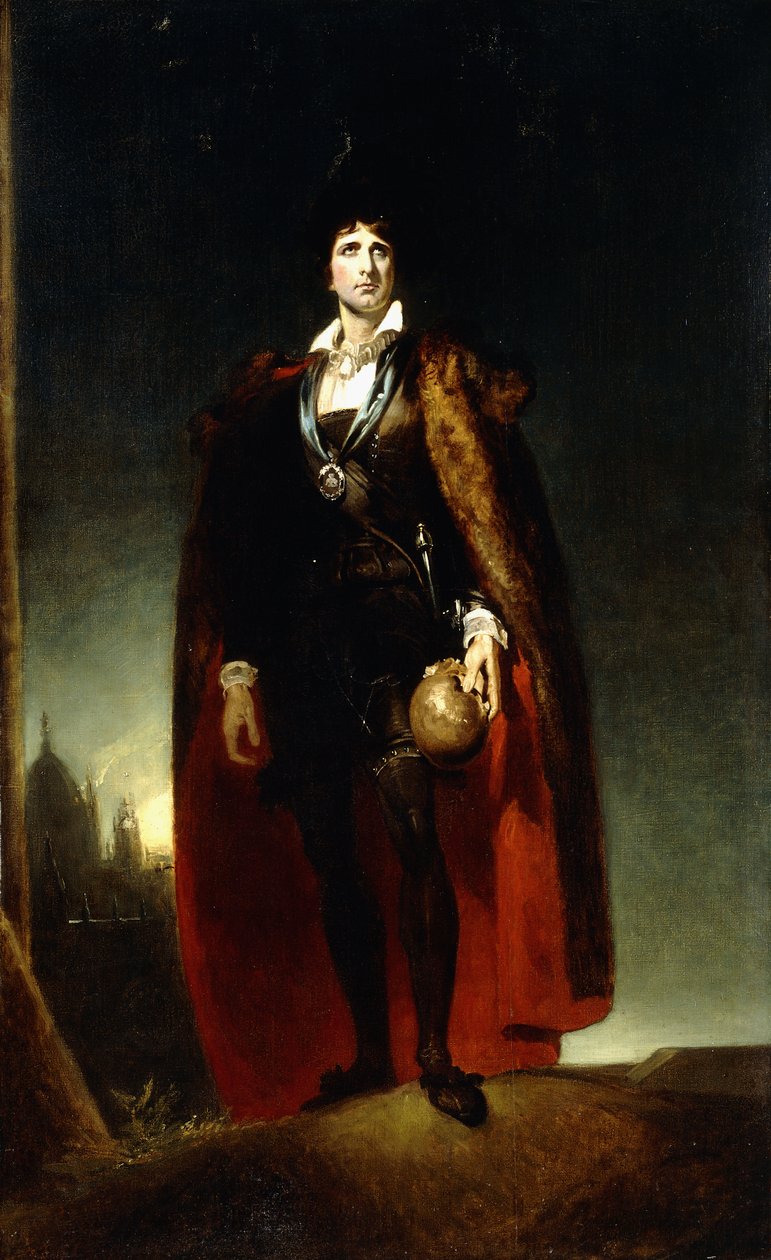 Portræt af John Kemble som Hamlet, stående i fuld længde i et Landskab, iført en kappe og med et kranie, af Thomas Lawrence