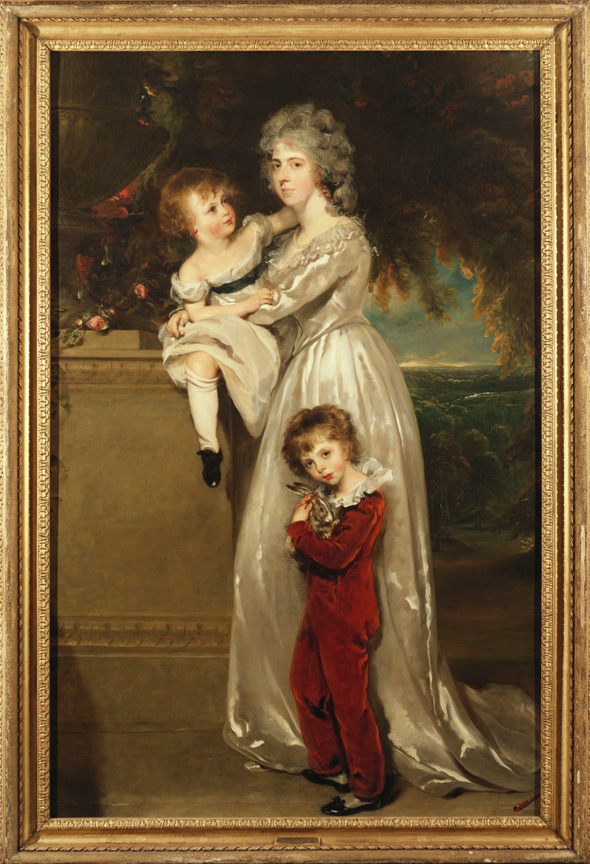 Portræt af fru Annesley stående i fuld længde i en hvid kjole med sine to børn af Thomas Lawrence