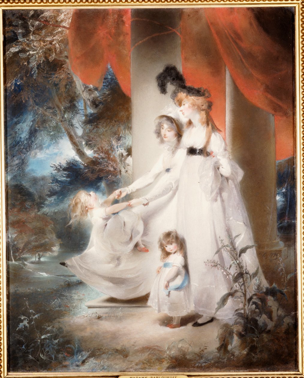 Portræt af fru Ayscoghe Boucherett med sine to ældste børn, Emilia og Ayscoghe, og hendes halvsøster Juliana Angerstein, senere Madame Sabloukoff, i en have af Thomas Lawrence