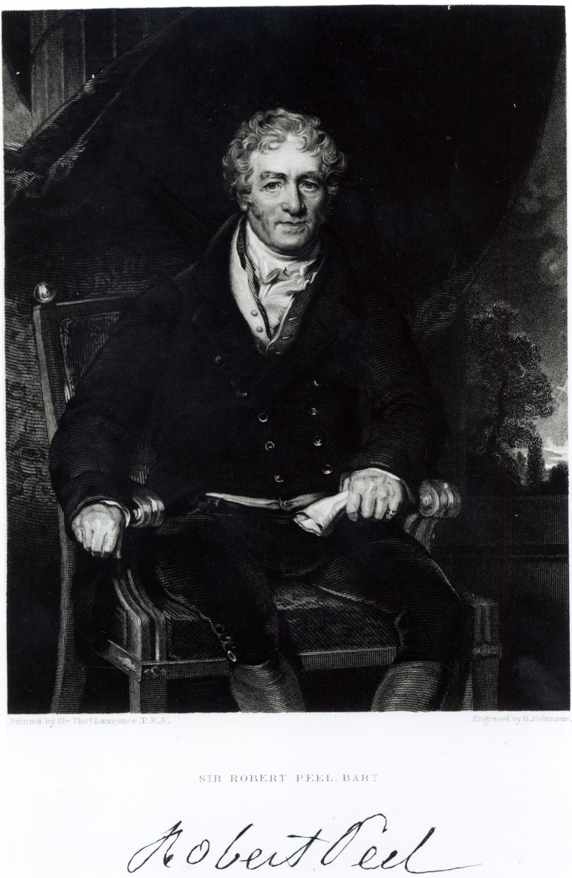 Portræt af Sir Robert Peel (1788-1850), graveret af H, Robinson (gravering) (bw foto) af Thomas Lawrence