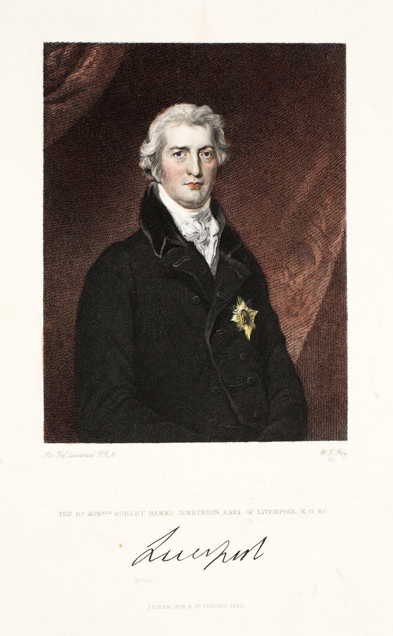 Den ærede Robert Banks Jenkinson, jarl af Liverpool, K.G. und C., pub. 1830 (håndfarvet gravering) af Thomas Lawrence