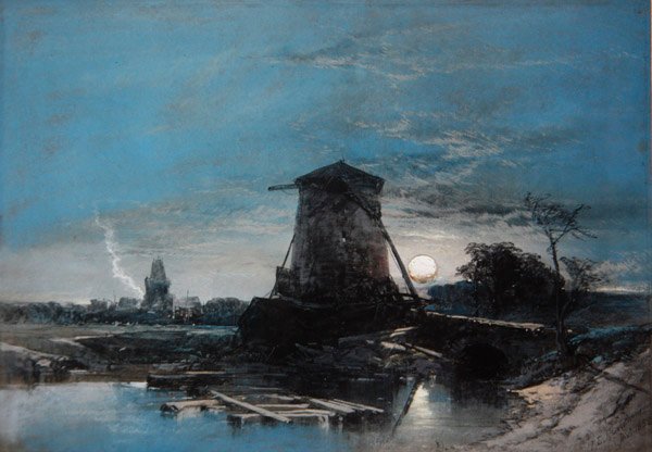 Et månebelyst hollandsk landskab af Thomas Leeson the Elder Rowbotham