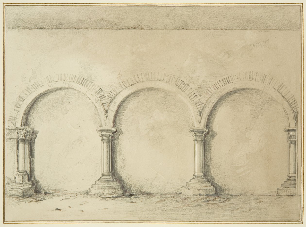 Buer og søjler i Mereweathers lokaler mellem Nicholas Street og Corn Street (blyant og akvarel på papir) af Thomas Leeson the Elder Rowbotham