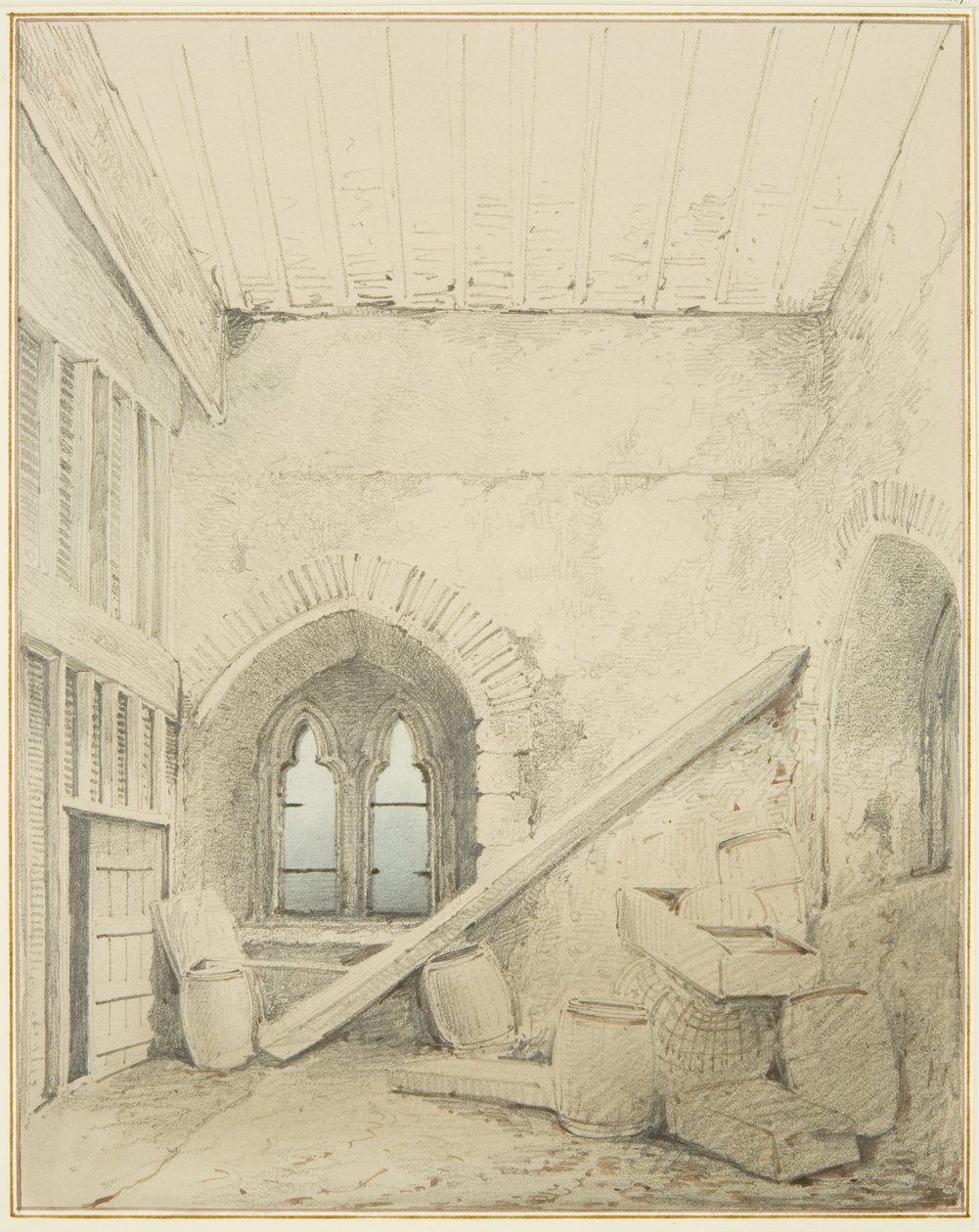 Buer, søjler og vinduer i Mereweathers lokaler mellem Nicholas Street og Corn Street (blyant og akvarel på papir) af Thomas Leeson the Elder Rowbotham