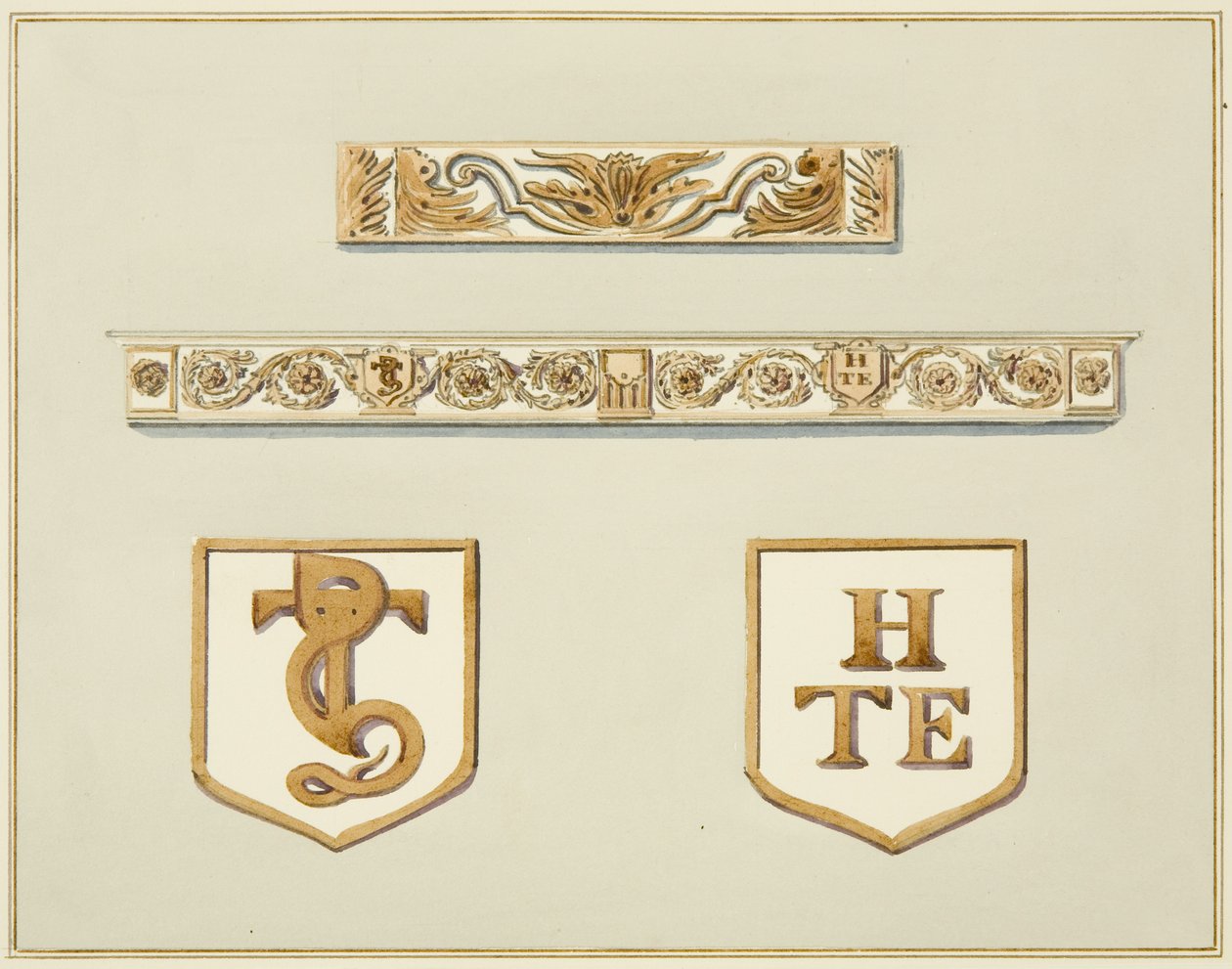 Udskåret egefrise, inklusive en fra skorstensstykket, på 15 Broad Street (akvarel på papir) af Thomas Leeson the Elder Rowbotham