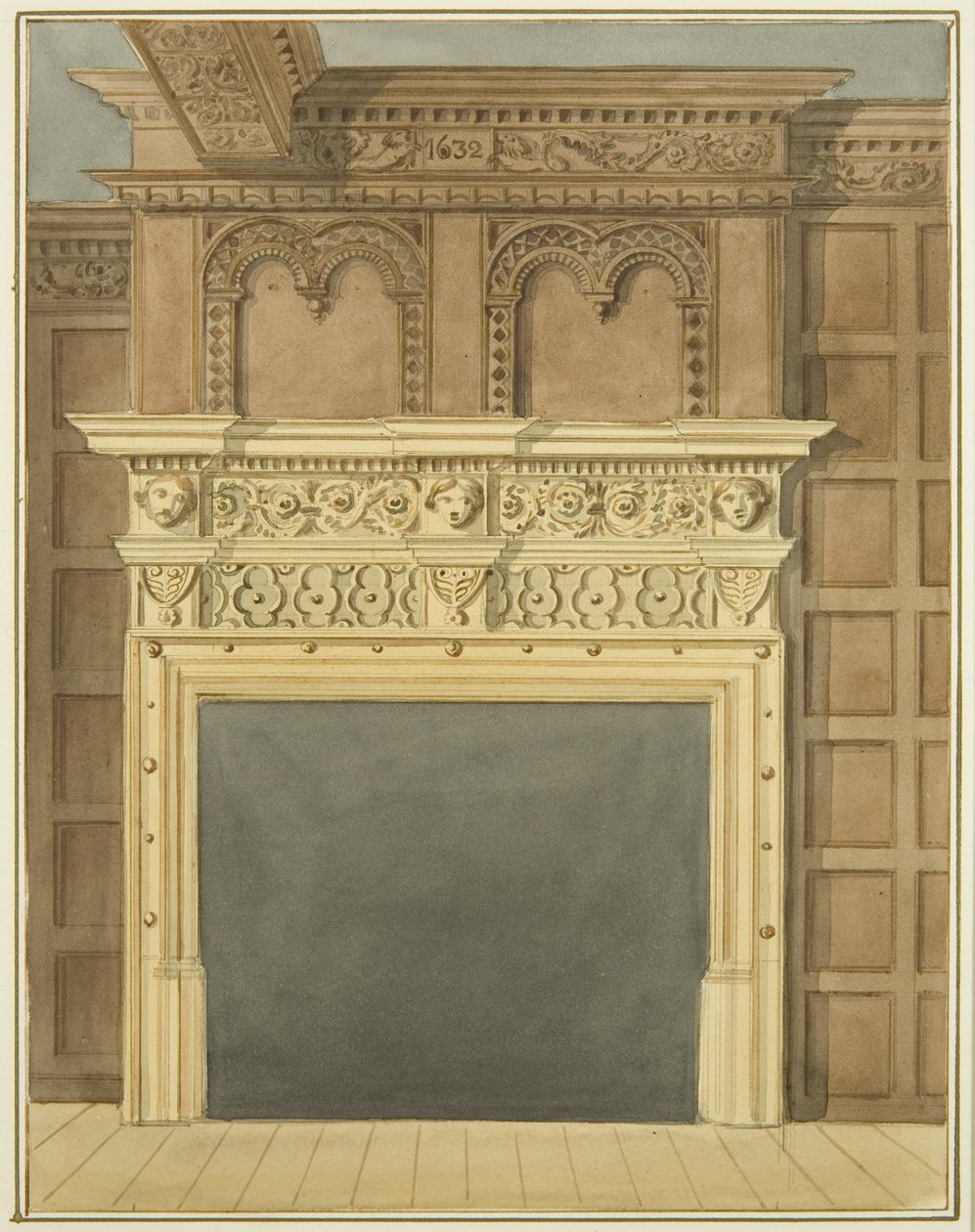 Skorstensstykke og paneler, dateret 1632, i hus på nordsiden af St Nicholas Street (akvarel på papir) af Thomas Leeson the Elder Rowbotham