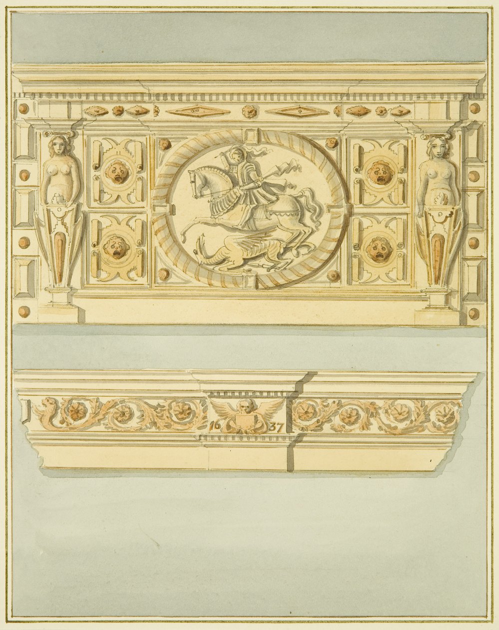Skorstensstykke på 6 Redcliffe Street, dateret 1637 (akvarel på papir) af Thomas Leeson the Elder Rowbotham