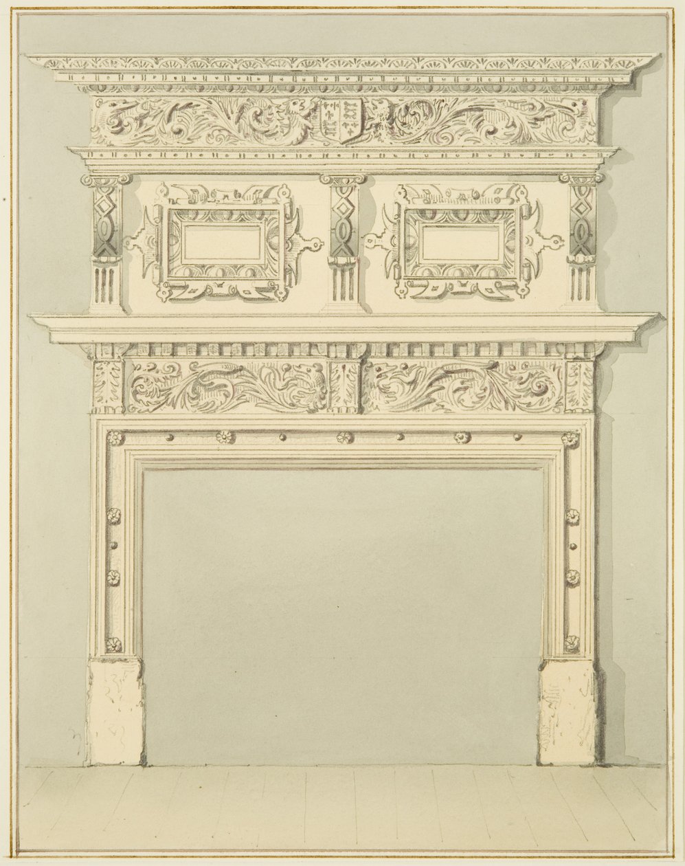 Skorstensstykke i nedre værelse, 9 Small Street (blyant og akvarel på papir) af Thomas Leeson the Elder Rowbotham