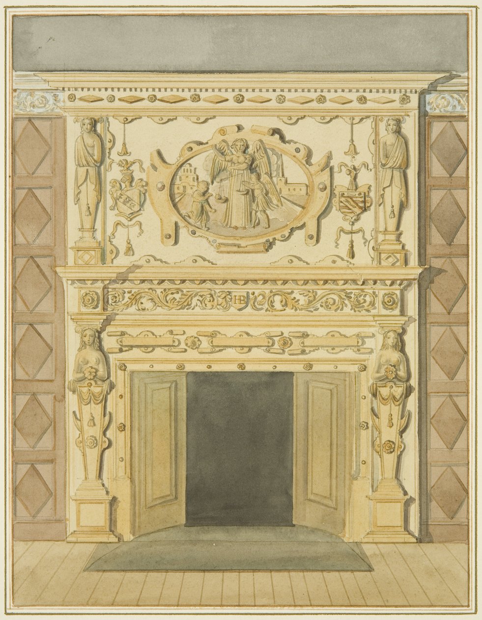 Skorstensstykke i det juridiske bibliotek (akvarel på papir) af Thomas Leeson the Elder Rowbotham