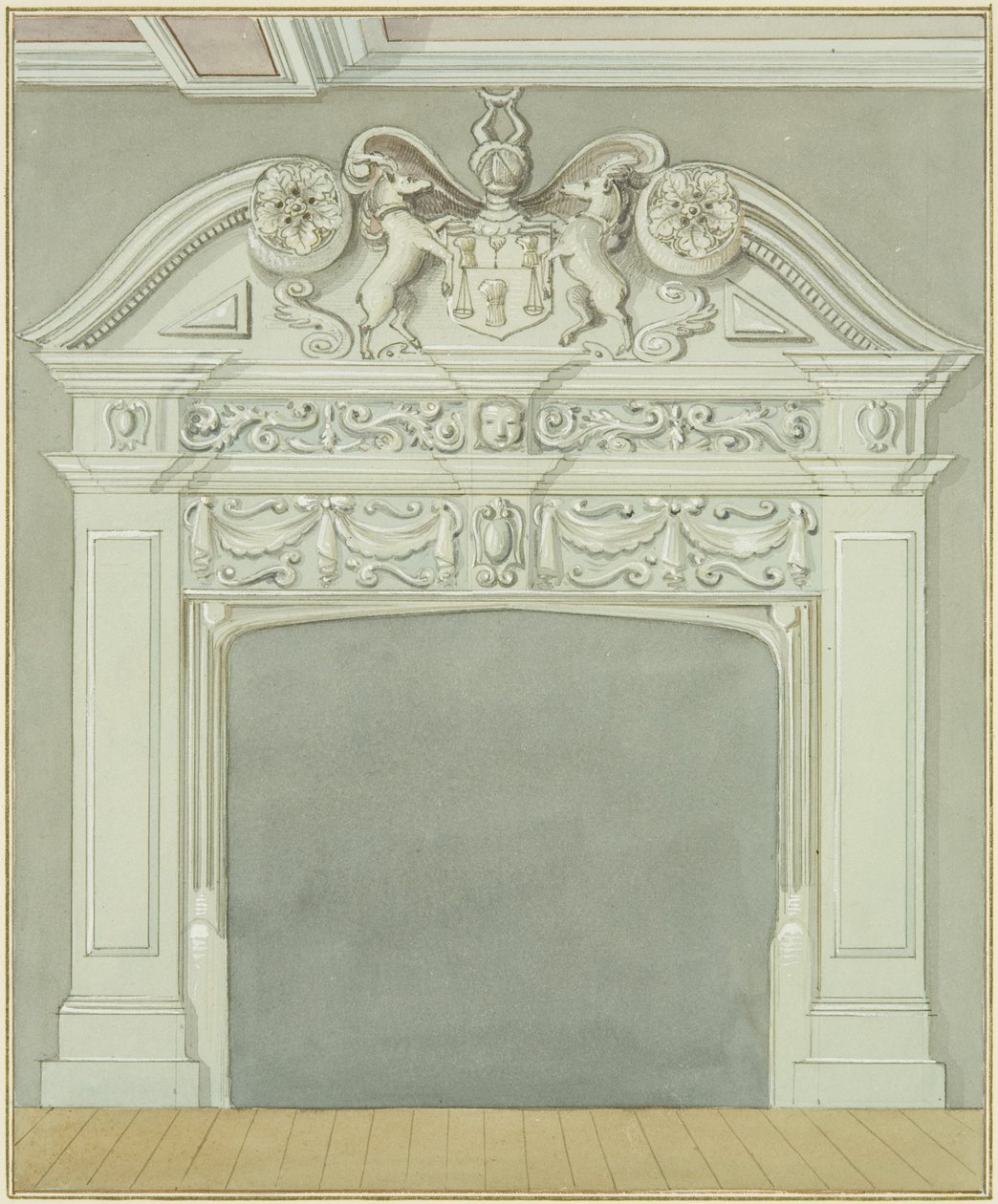 Skorstensstykke i lokalerne, der støder op til Guard House, Wine Street (akvarel på papir) af Thomas Leeson the Elder Rowbotham