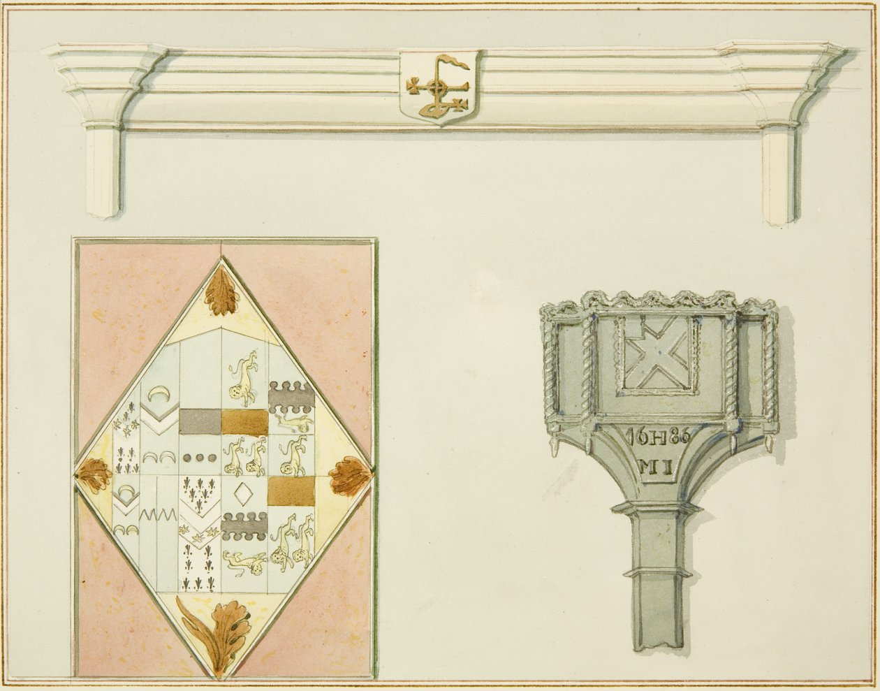 Skorstensstykke, farvet glas og snekasse på 35 High Street (akvarel på papir) af Thomas Leeson the Elder Rowbotham
