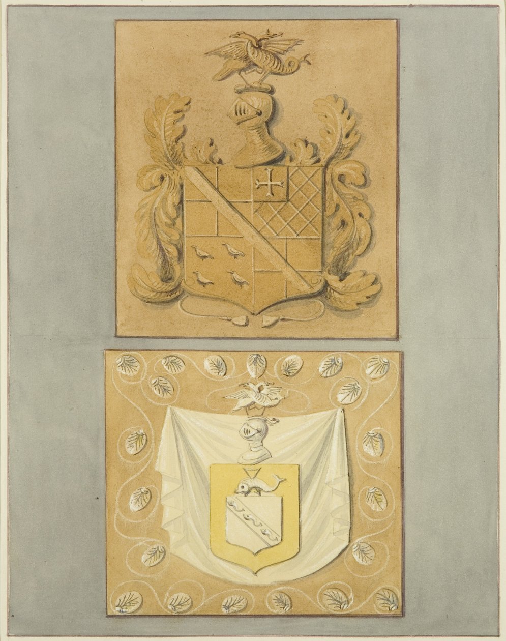 Våbenskjolde på døråbningen i Langton Mansion, på bagsiden (akvarel på papir) af Thomas Leeson the Elder Rowbotham