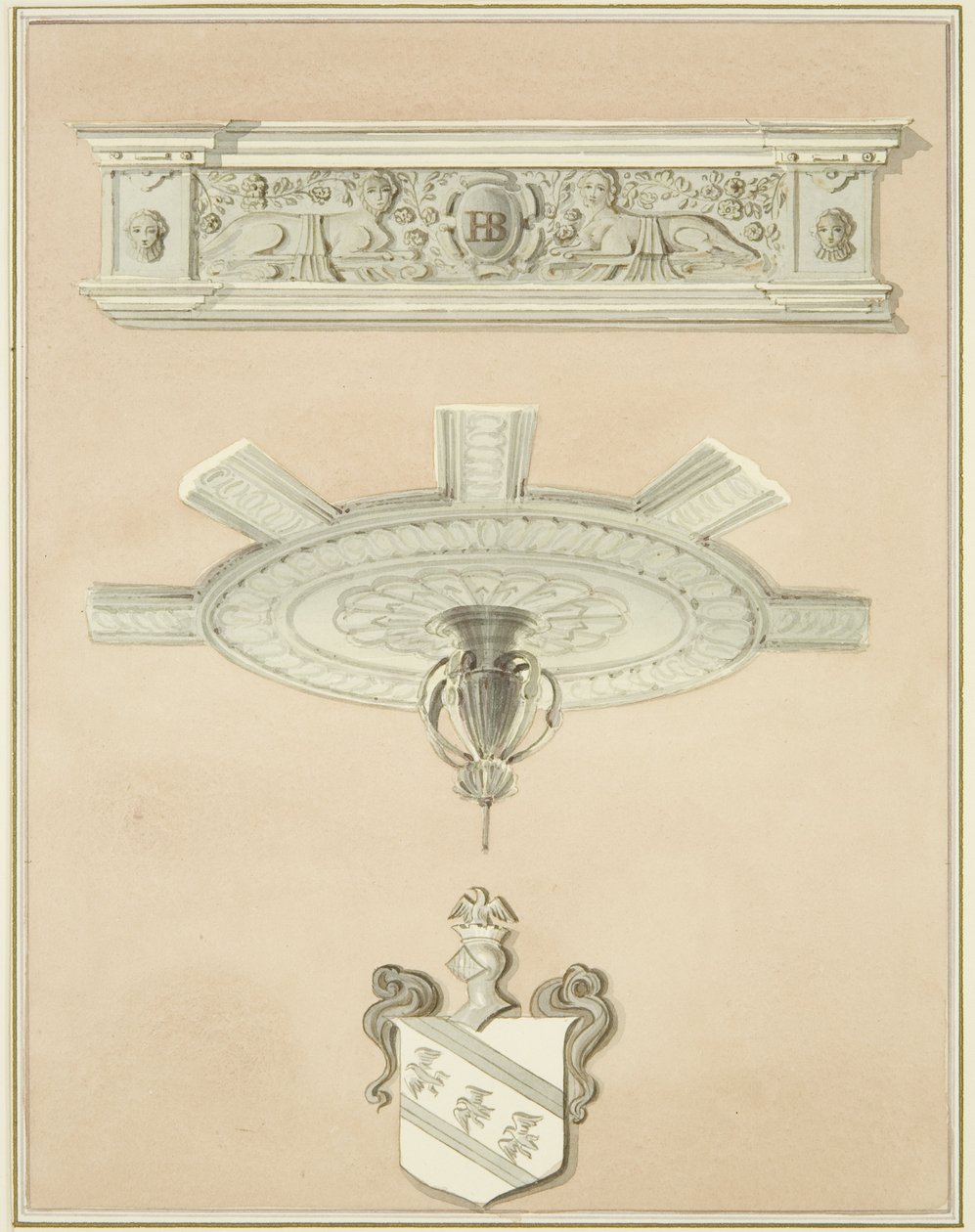 Detaljer om værelse i det juridiske bibliotek, herunder central loftsvedhæng og gesims (blyant og akvarel på papir) af Thomas Leeson the Elder Rowbotham