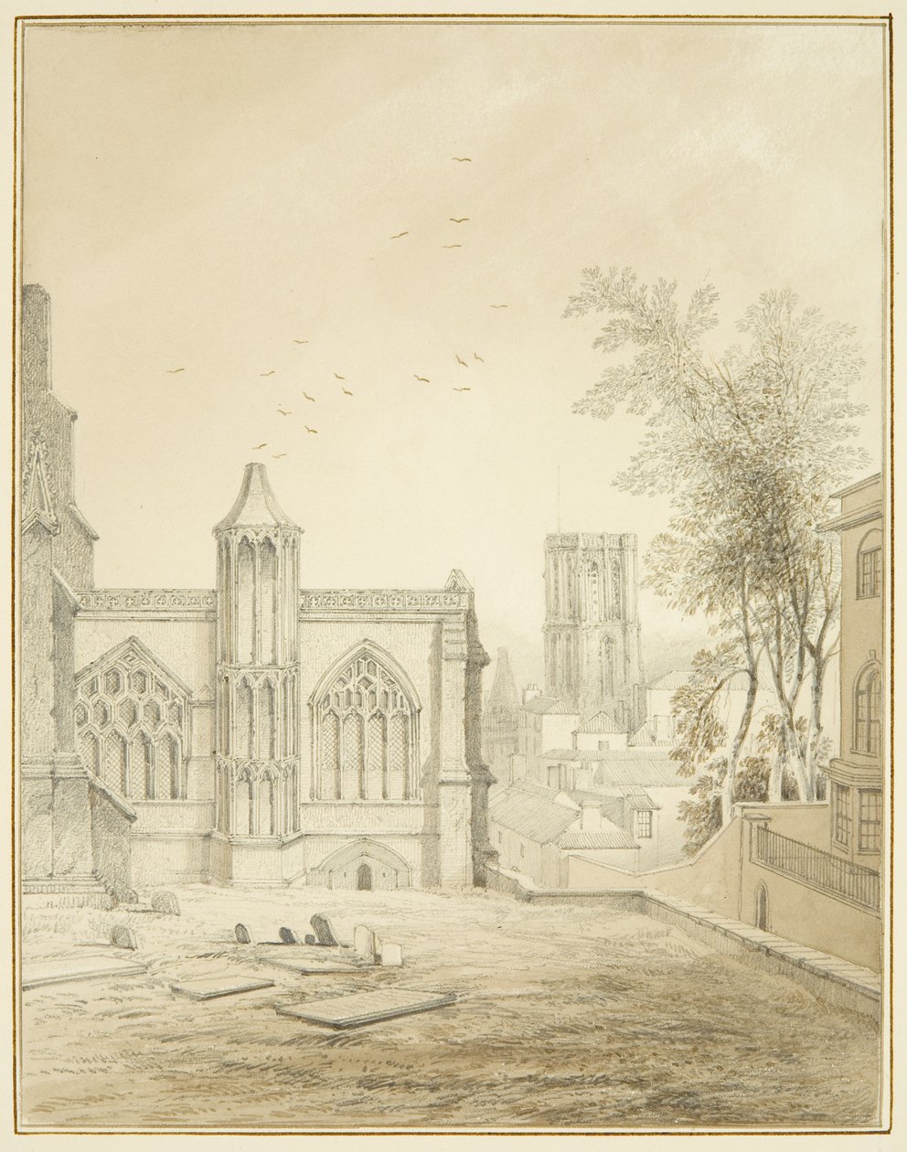Den østlige ende af St Mary Redcliffe, der viser Temple Church (blyant og akvarel på papir) af Thomas Leeson the Elder Rowbotham