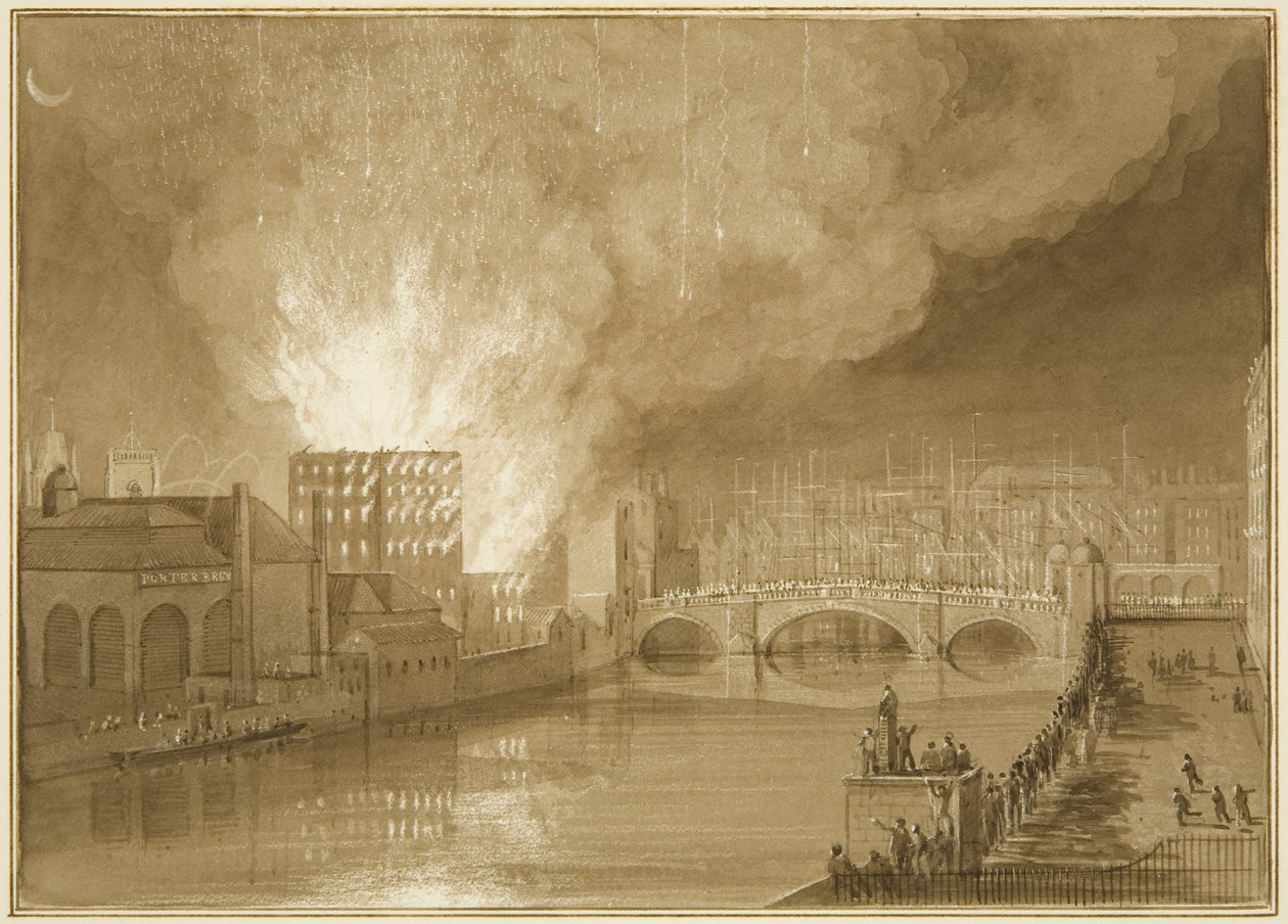 Brand ved Old Sugar House, Tucker Street af Thomas Leeson the Elder Rowbotham