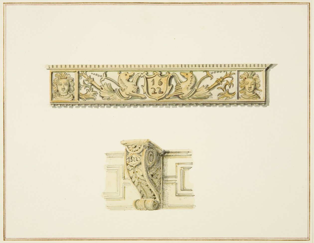 Frise i 15 Broad Street og beslag på huset ved siden af Guildhall (akvarel på papir) af Thomas Leeson the Elder Rowbotham